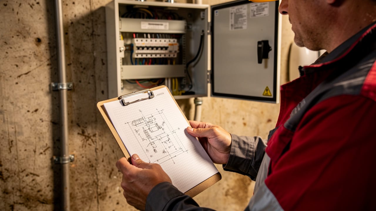 Electrician assessing electrical loads in a dairy farm panel