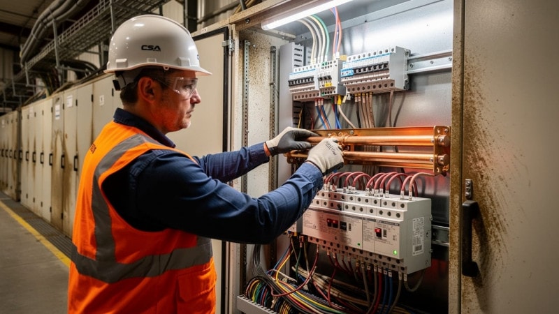 Electrician wiring a motor control centre at a grain facility
