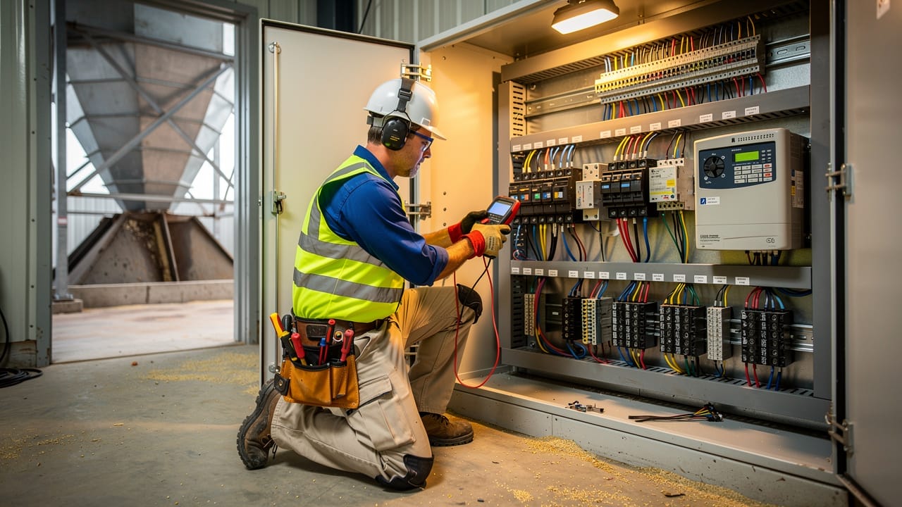 Electrician wiring motor control centre in grain elevator