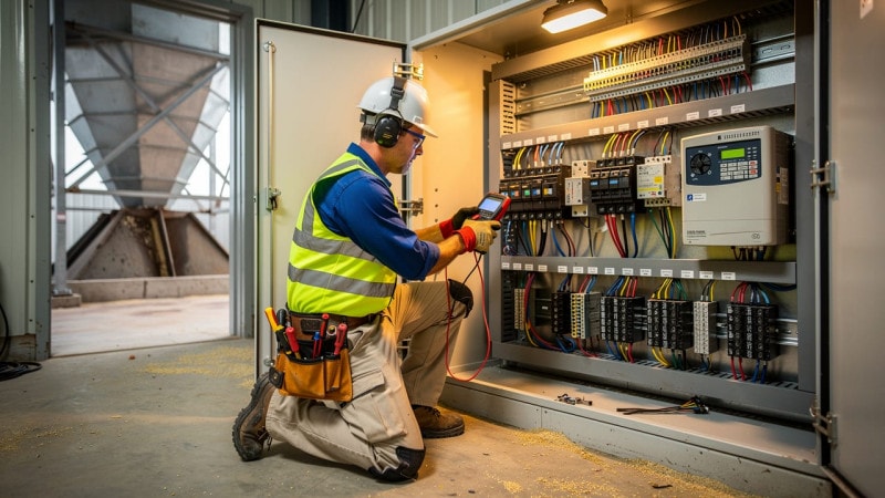 Electrician wiring motor control centre in grain elevator