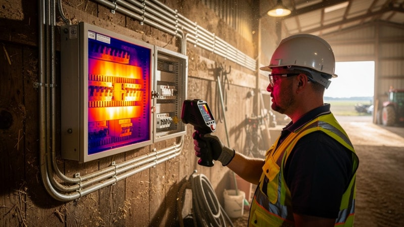 Electrician using thermal camera on farm electrical panel