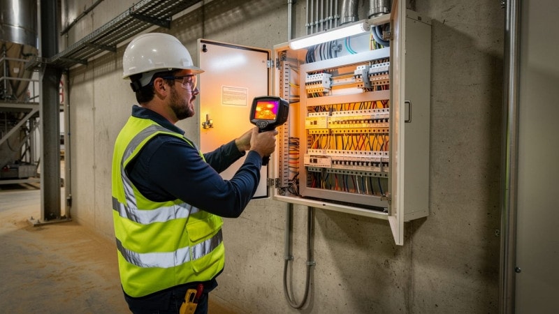 Electrician using thermal camera to inspect farm electrical panel