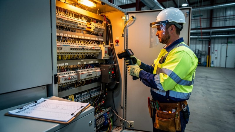 Electrician performing thermal inspection on motor control centre Alberta