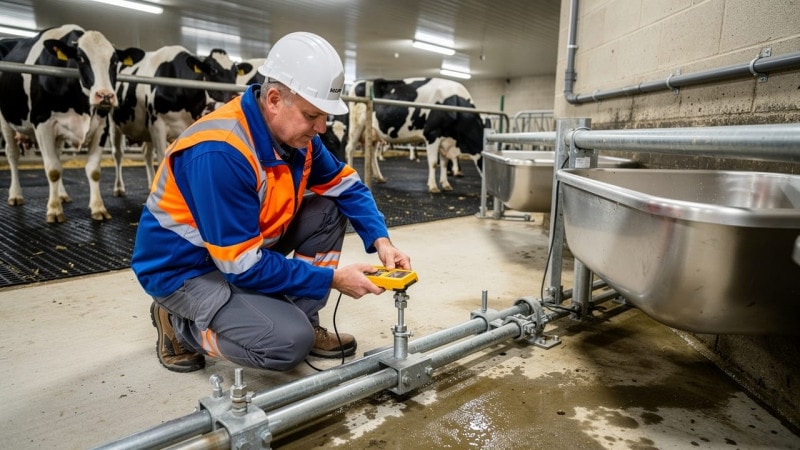 Electrician inspecting equipotential bonding grid in dairy barn