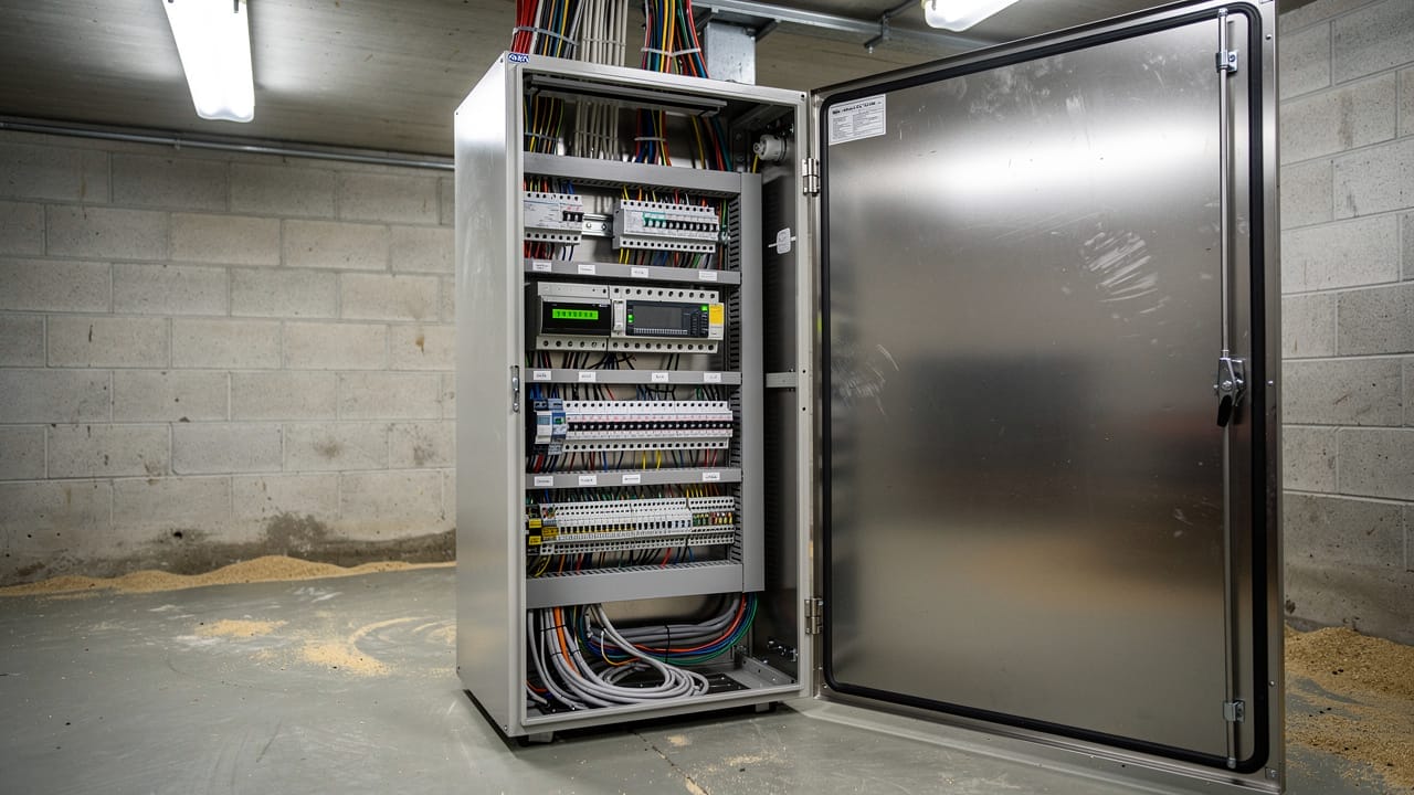 Farm automation control panel inside grain handling facility