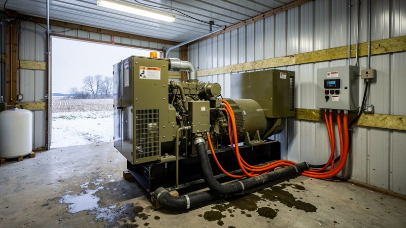 Industrial backup generator with automatic transfer switch on farm