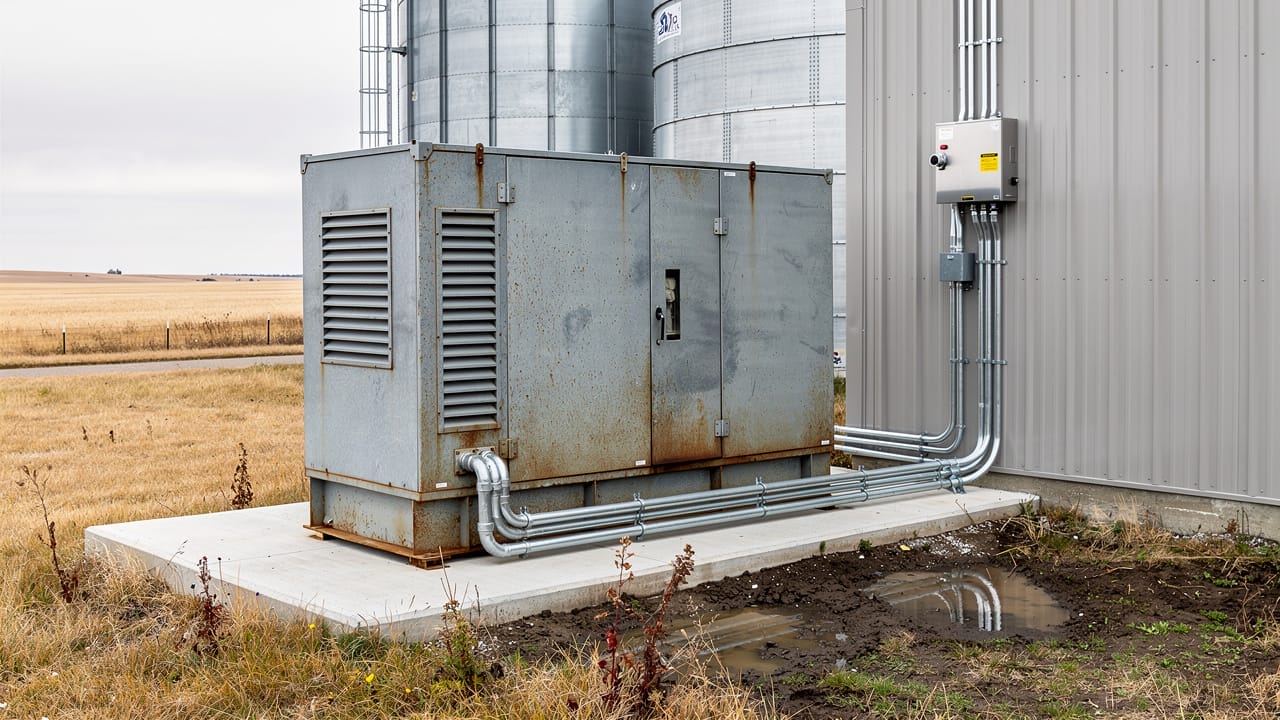 Standby generator installed beside Alberta farm grain facility