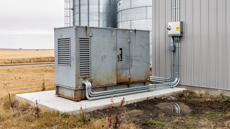 Standby generator installed beside Alberta farm grain facility