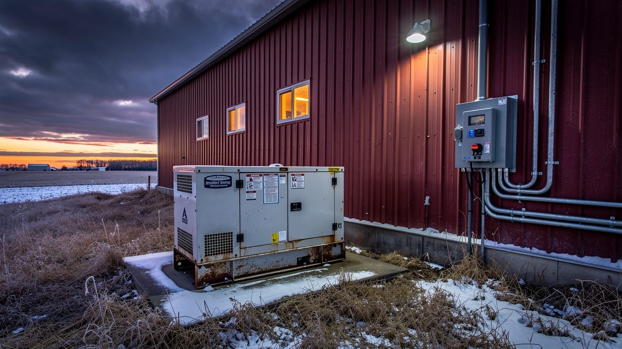 Backup generator powering farm operations during winter outage