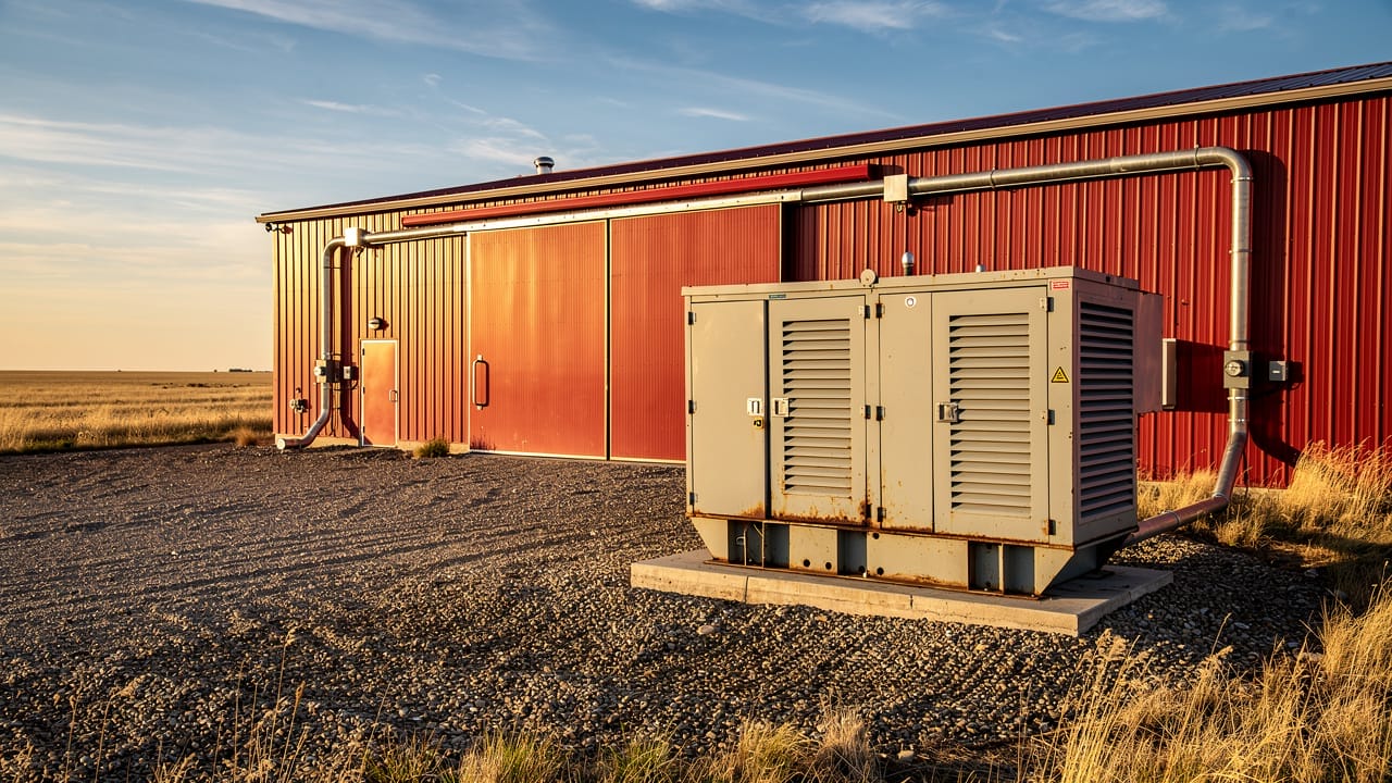 Standby backup generator outside a rural Alberta farm building