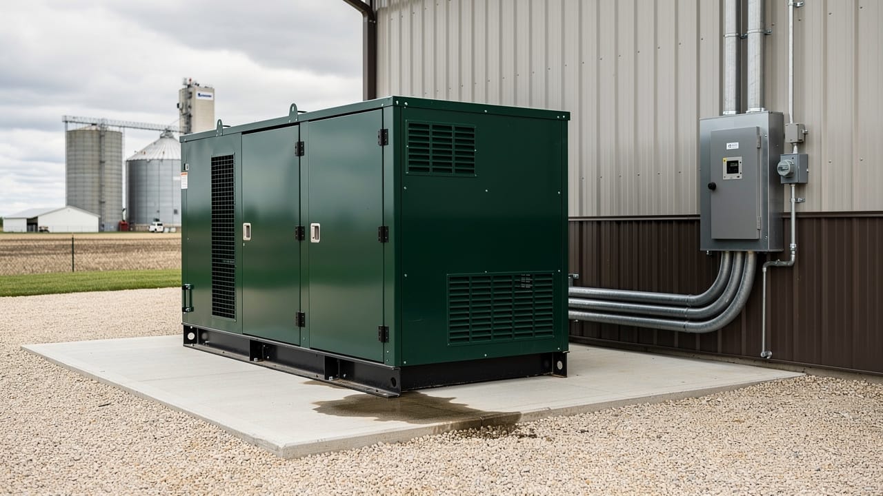 Farm backup generator with transfer switch for power outages