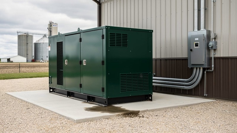 Farm backup generator with transfer switch for power outages