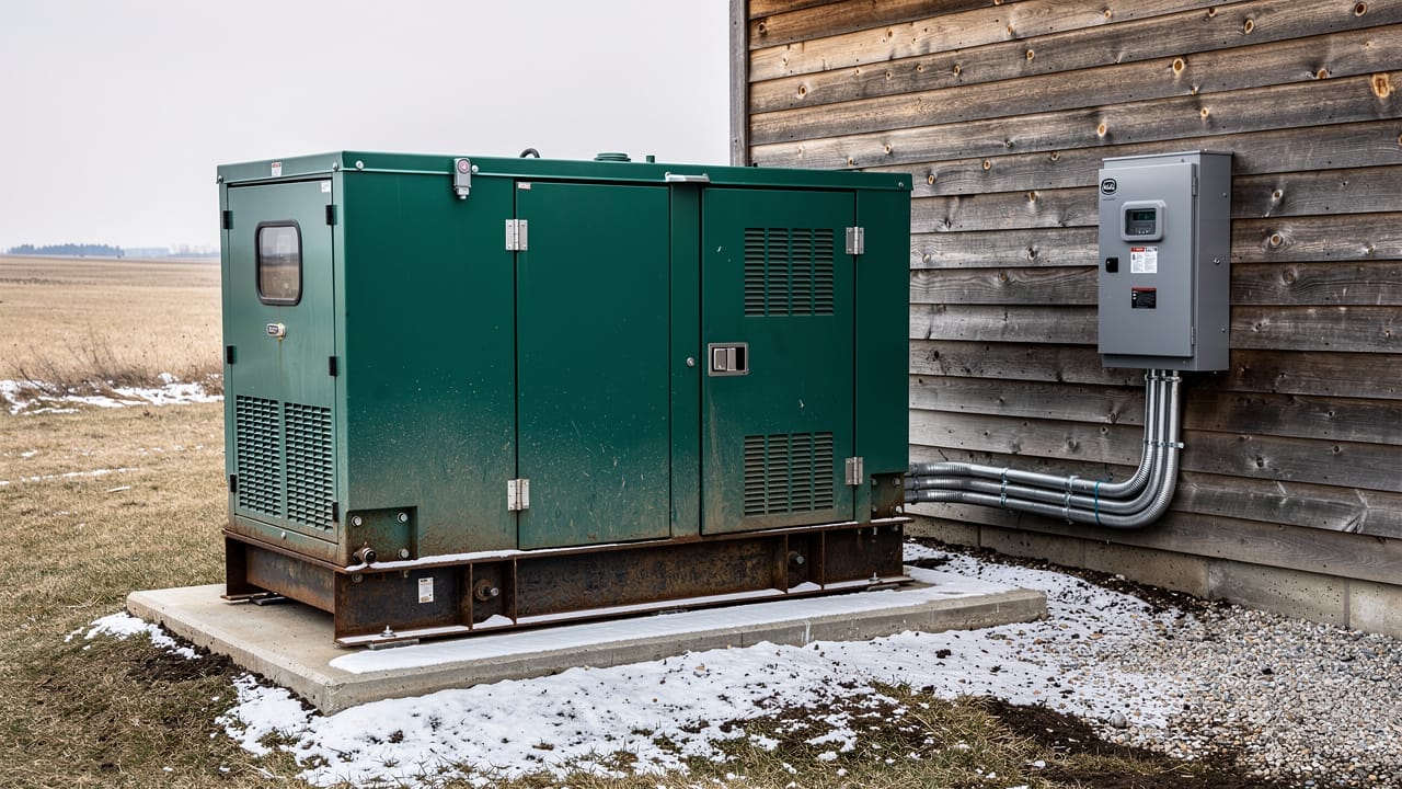 Farm backup generator and transfer switch on concrete pad