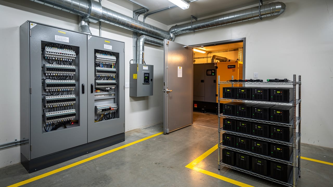 Farm electrical room with backup power and automatic transfer switch