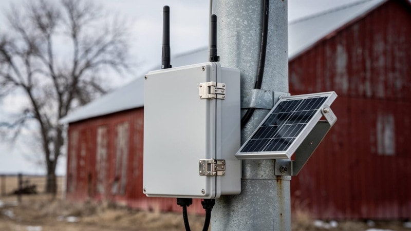 Cellular communication gateway and weather station mounted on farm pole