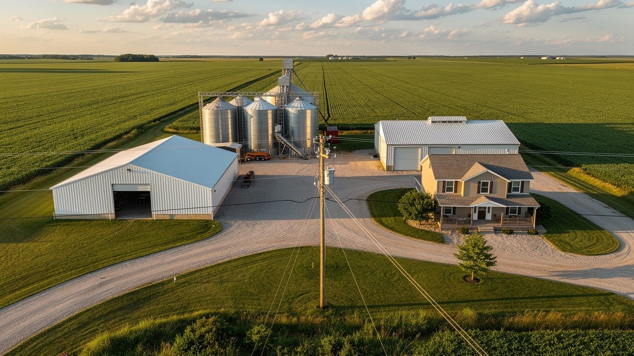 Aerial view of farm showing centralized electrical distribution to multiple buildings