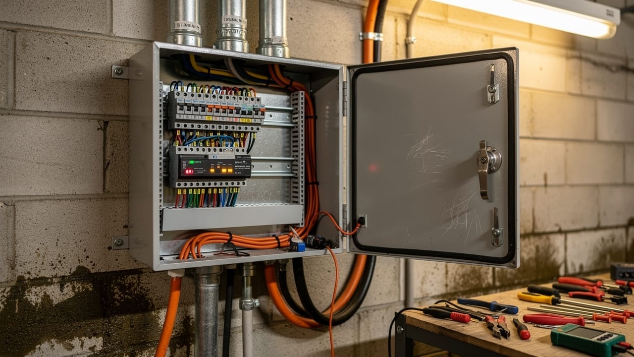 Industrial electrical control panel inside agricultural building
