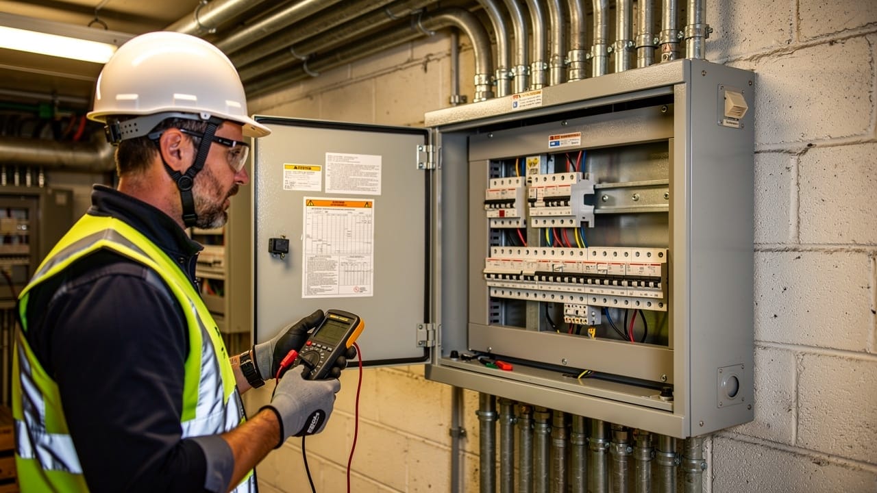 Electrician inspecting farm electrical distribution panel with circuit breakers