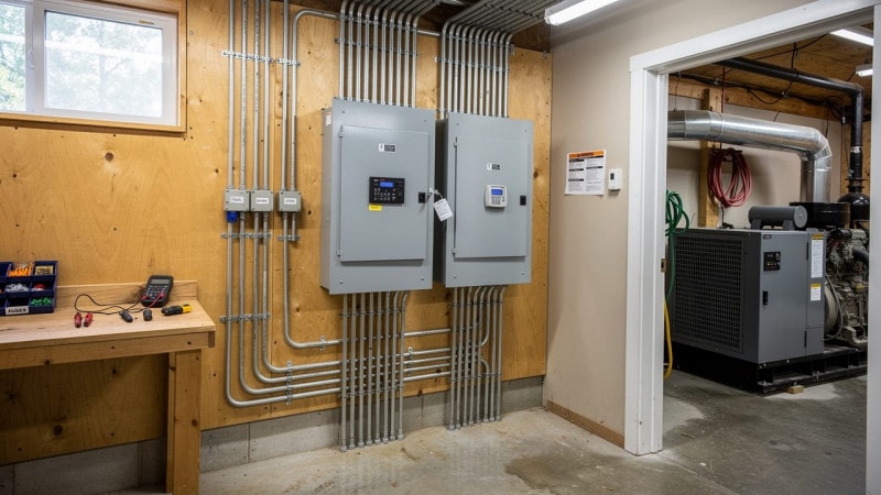 Farm electrical panel with automatic transfer switch and backup power equipment