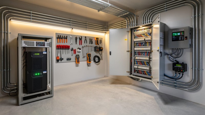 Professional farm electrical panel and backup power infrastructure inside machine shed