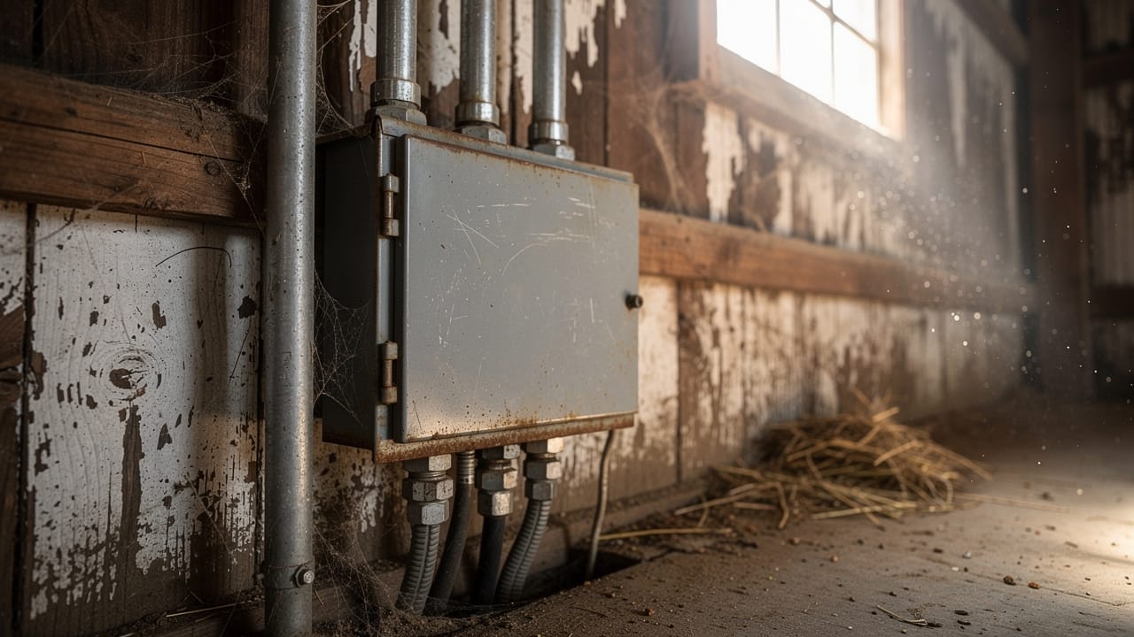 Agricultural barn electrical service panel with industrial conduit
