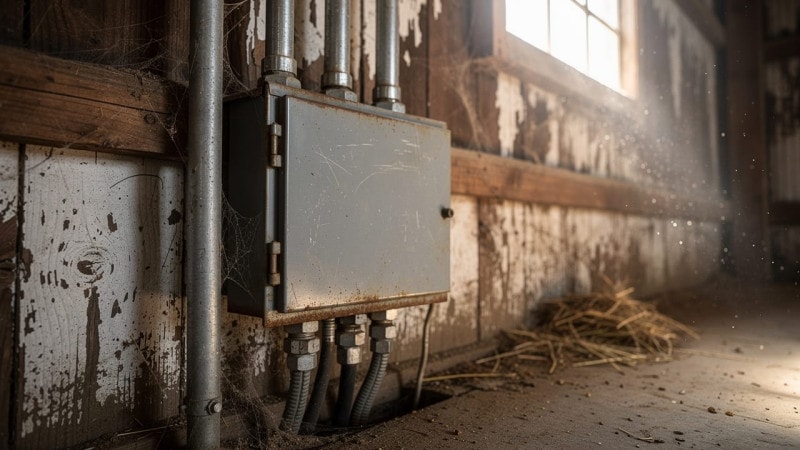 Agricultural barn electrical service panel with industrial conduit