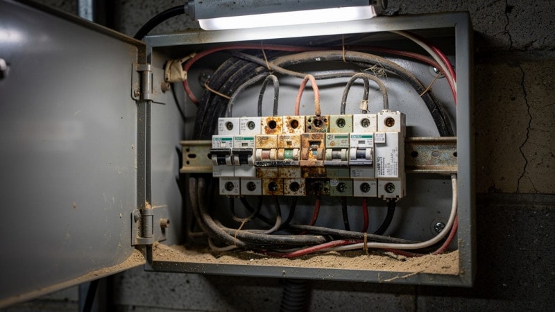 Aged farm electrical panel with corroded breakers and worn wiring