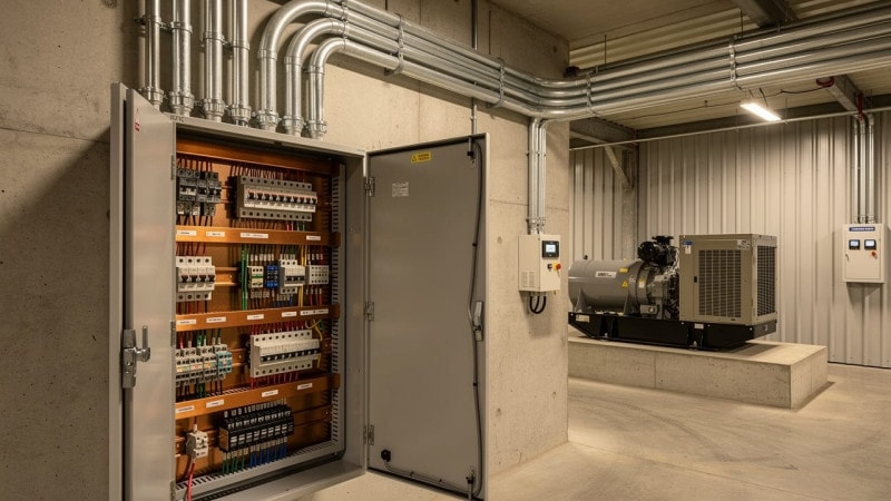 Industrial electrical panel and backup generator in grain facility