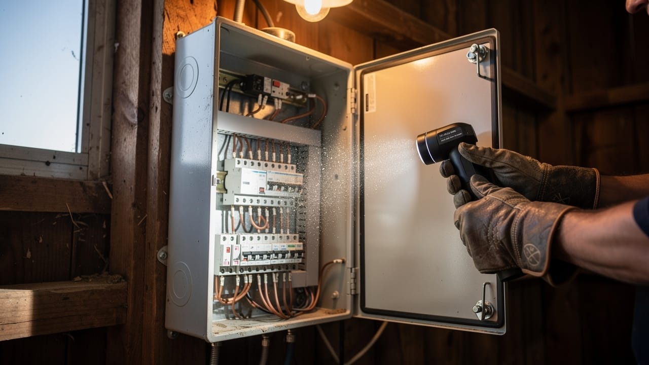 Electrician inspecting agricultural panel breakers inside a barn