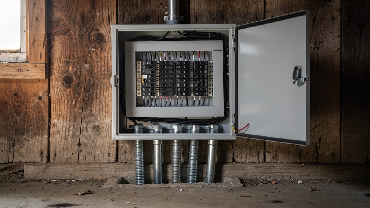 Open electrical service panel inside a working farm barn