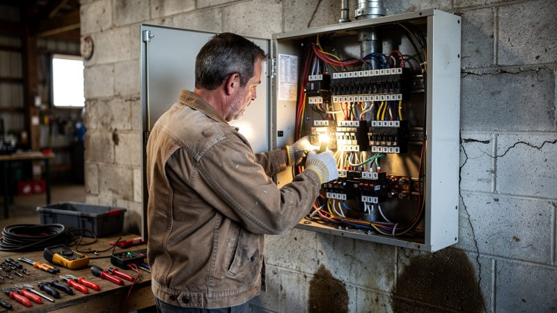 Electrician inspecting farm electrical service panel in Alberta