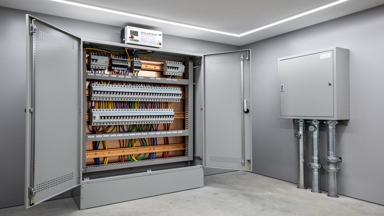 Three-phase farm electrical distribution panel with organized wiring