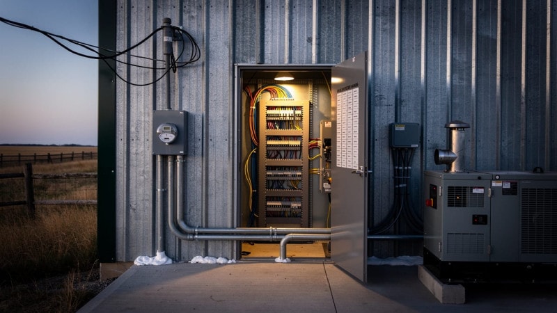 Farm electrical service panel with standby generator backup power