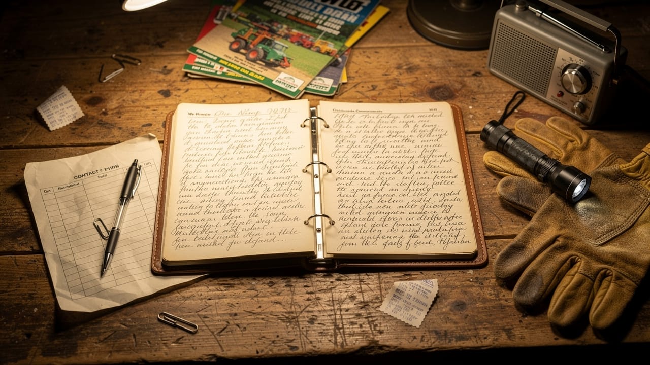 Farm emergency outage binder and flashlight on desk