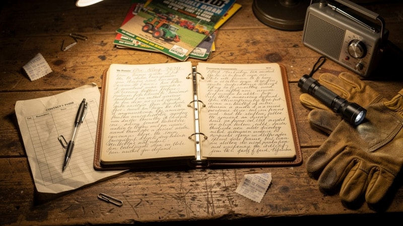 Farm emergency outage binder and flashlight on desk