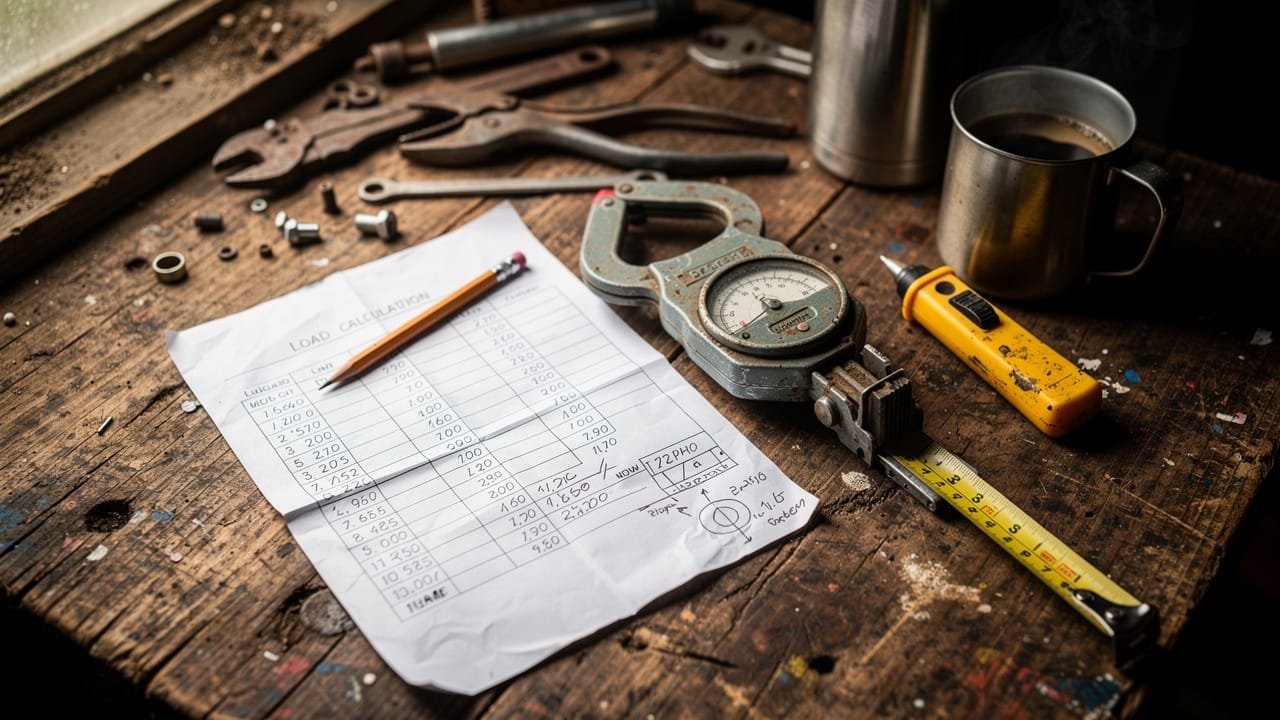 Electrical load calculation tools and worksheet on a farm workbench