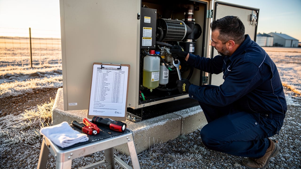 Technician performing farm generator maintenance inspection in Alberta