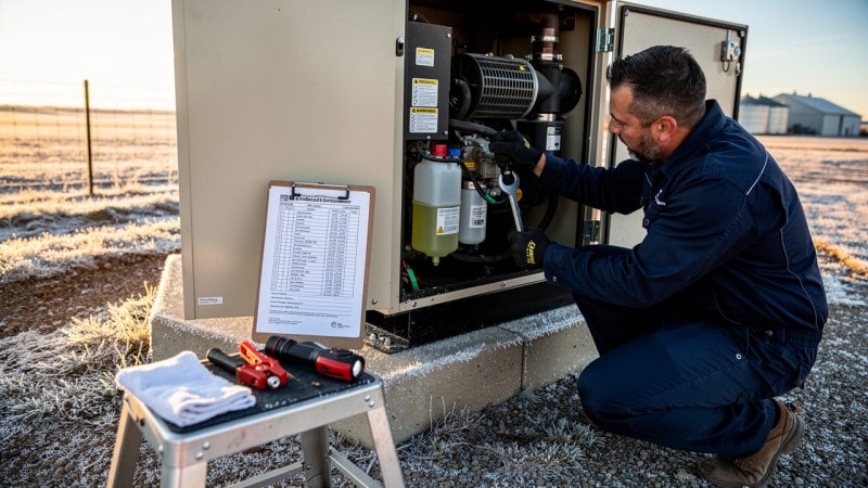 Technician performing farm generator maintenance inspection in Alberta