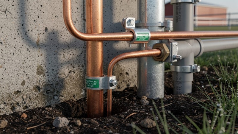 Copper grounding rods and bonding conductors installed at farm building foundation