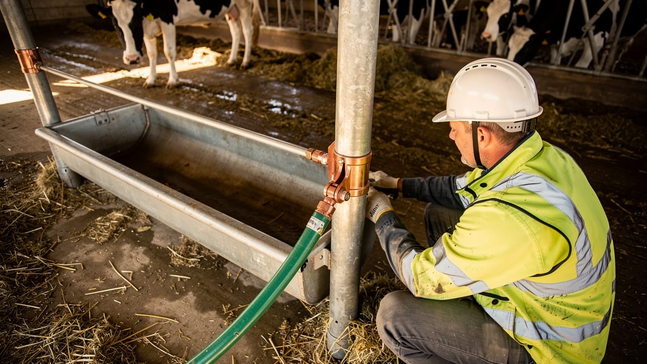 Electrician inspecting grounding and bonding in a dairy barn