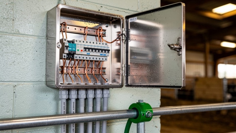Grounding and bonding panel inside a livestock barn
