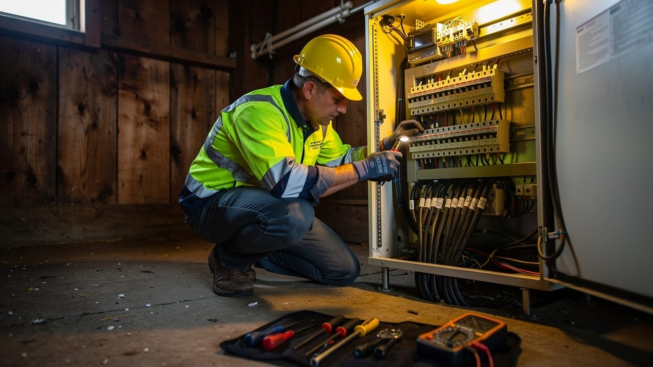 Electrician assessing farm electrical panel inside barn