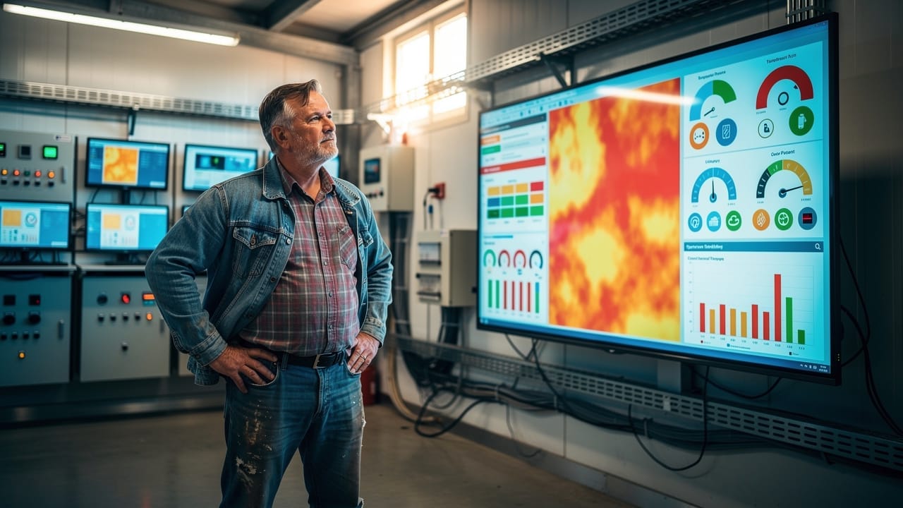 Farm worker monitoring connected agriculture dashboard in control room
