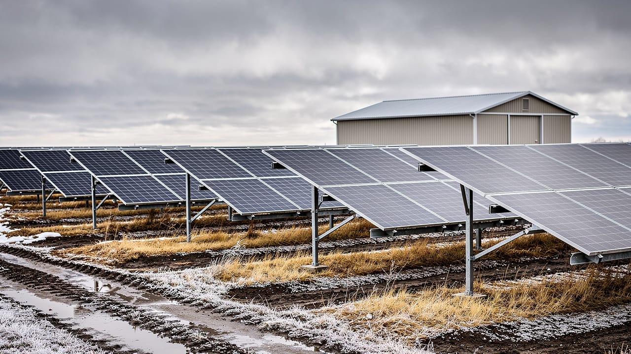 Ground-mounted solar panel array on Canadian prairie farmland