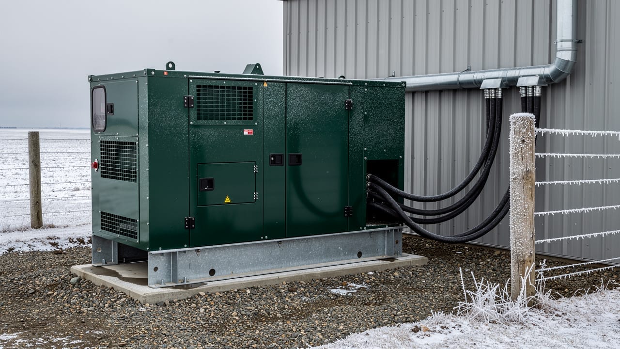 Standby backup generator installed beside a Canadian farm barn