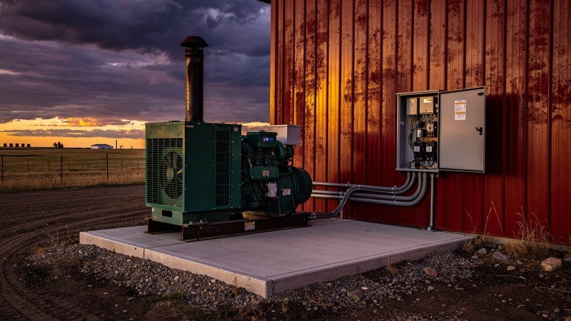 Standby farm generator and automatic transfer switch before storm