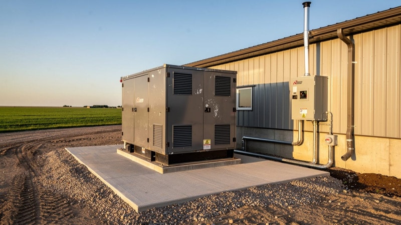Standby generator and transfer switch beside hog barn