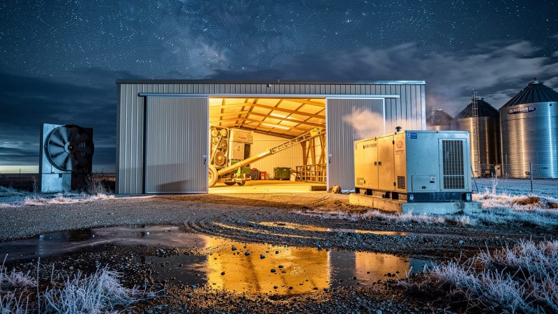 Standby generator powering grain monitoring system at night