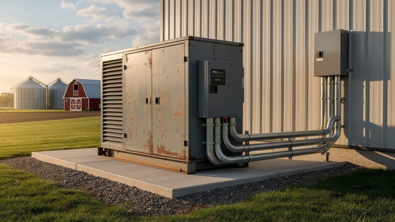 Standby generator and automatic transfer switch installed at farm utility building