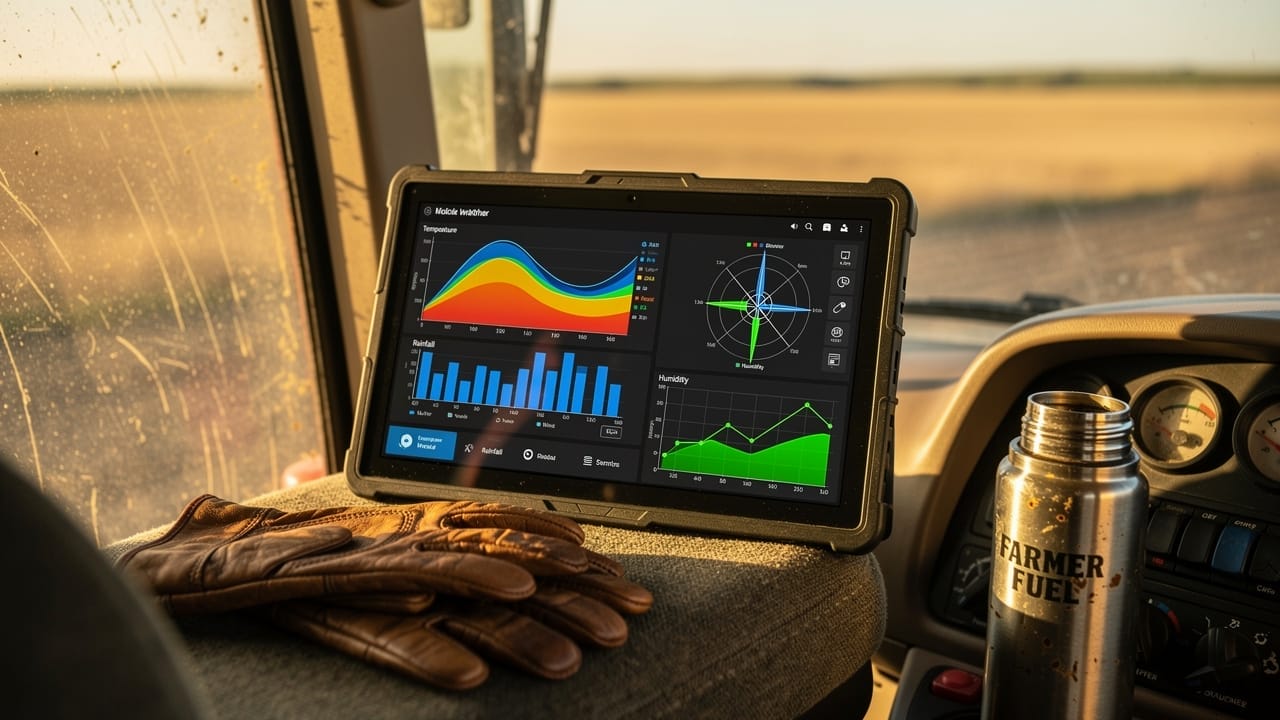 Weather data dashboard on tablet inside farm tractor cab